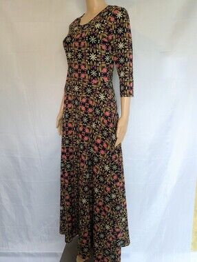 Mata Traders Organic Cotton Floral Maxi Dress Pockets Boho Stretch Small S 70s
